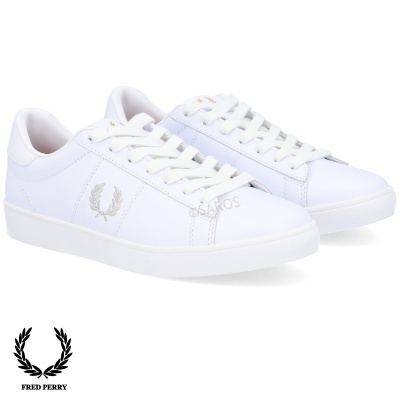 Sapatilhas brancas Fred Perry com logo cinza e detalhes dourados