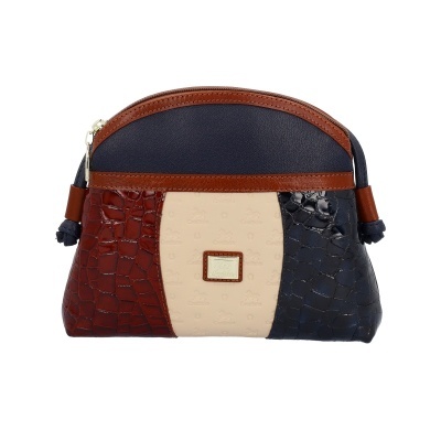 Bolsa de mão tricolor com textura de couro e placa metálica Cavalinho