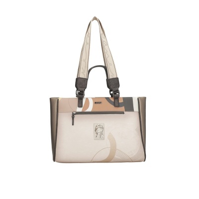 Mala de senhora retangular em tons neutros com alças largas estampadas.