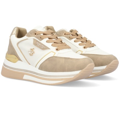 Sapatilhas desportivas bege, branco e dourado com atacadores e sola robusta