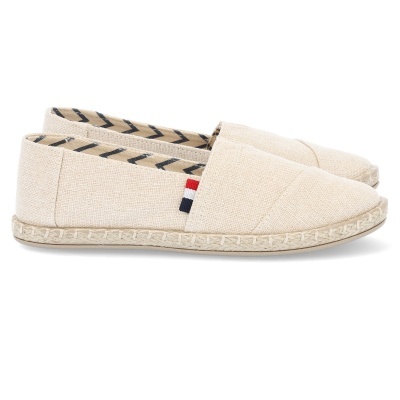 Alpercatas femininas bege com sola de corda e etiqueta colorida