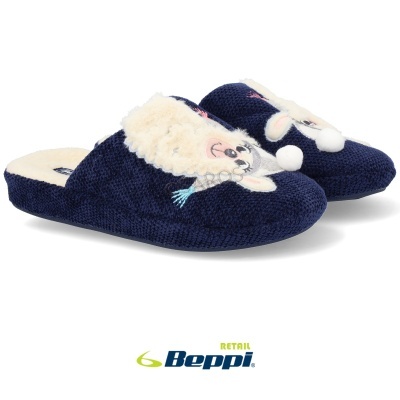 Pantufas azuis com bordado de coelho e interior creme