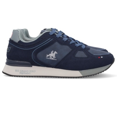 Ténis desportivos azul escuro com logo de cavalo e cavaleiro.