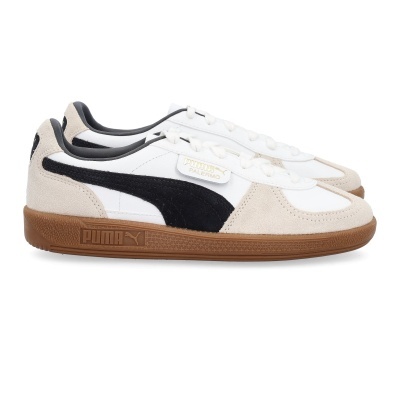 Sapatilhas Puma Palermo branco, bege, preto e castanho com sola de borracha.