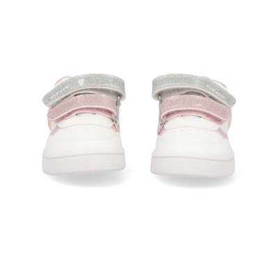 Sapatilhas infantis brancas com tiras de velcro prateadas e rosas