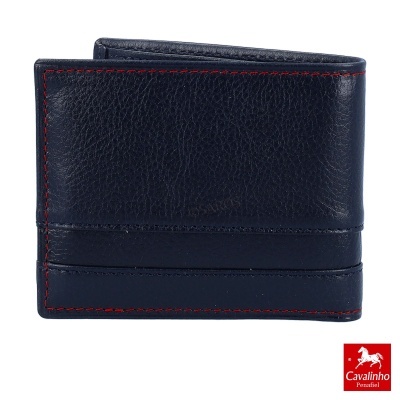 Carteira de couro azul escuro com costura vermelha e logo Cavalinho Penafiel