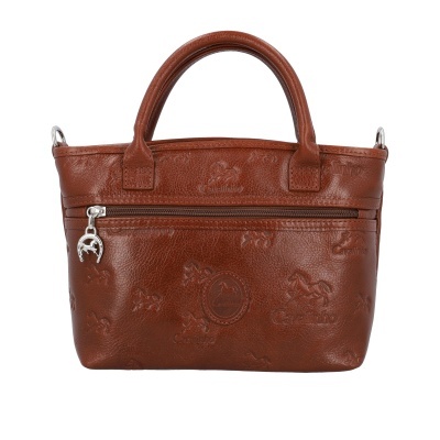 Mala castanha de mão em material sintético com padrão de cavalos em relevo