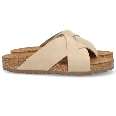 Chinelos tipo sandálias cor de bege com tiras cruzadas em camurça e sola de cortiça