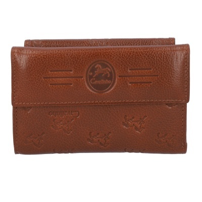 Carteira castanha de couro com relevos e fecho de aba