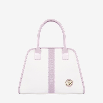 Mala de mão branca e lilás com logótipo dourado CV