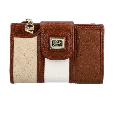 Carteira feminina castanha, bege e branca em couro com fecho e placa metálica Cavalinho