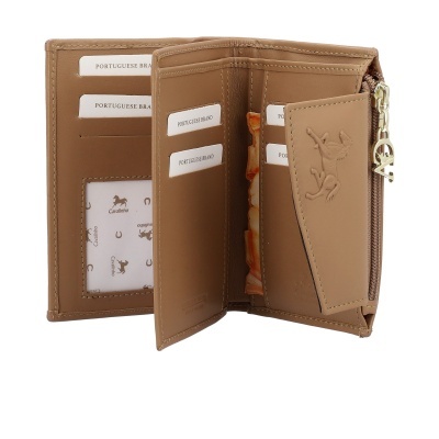 Carteira castanha com fecho e logo de cavalo em relevo