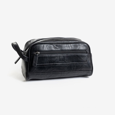 necessaire couro preto com fecho e alça lateral