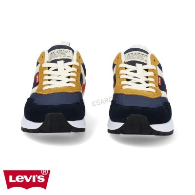 Sapatilhas Levi's azuis, castanhas e brancas com atacadores brancos e logótipo vermelho