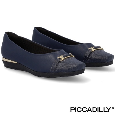 Sapatos femininos baixos Piccadilly em azul escuro com detalhe metálico dourado