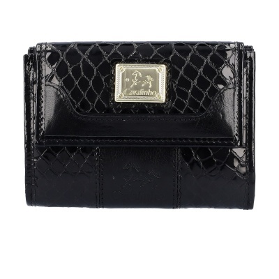 Carteira preta lacada com padrão geométrico e placa metálica dourada