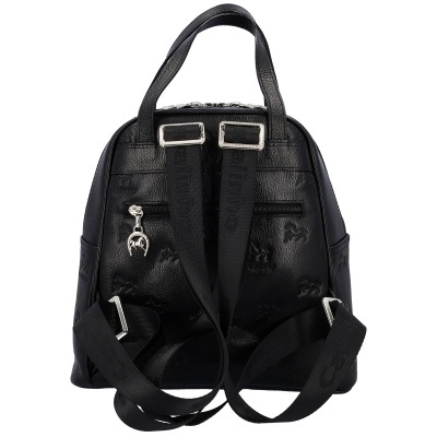 Mochila preta sintética com alças de tecido ajustáveis e padrão em relevo