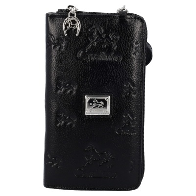 Carteira preta texturizada com padrão de cavalo em relevo e placa metálica frontal