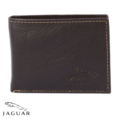 Carteira em pele castanha escura com costuras amarelas e logo Jaguar em relevo