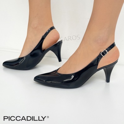 Sapatos de salto preto em verniz brilhante com tira ajustável e biqueira pontiaguda