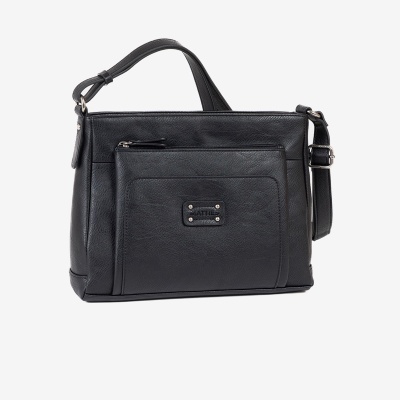 Mala de mão preta em material sintético com bolso exterior e alça ajustável