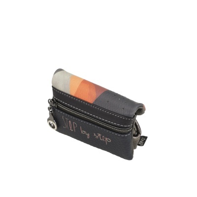 Carteira pequena em couro preto e colorido com padrão abstrato e fecho zip