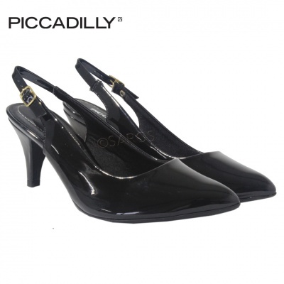 Sapatos de salto alto tipo slingback em verniz preto com fivela dourada