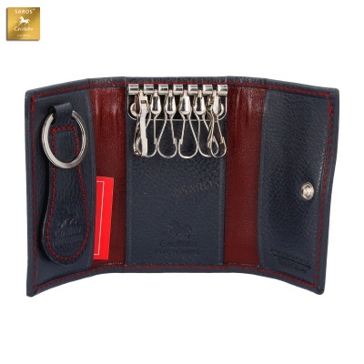 Porta-chaves em pele preta com costura vermelha e interior castanho