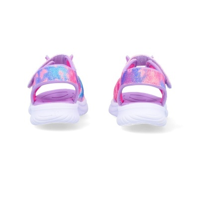 Sandálias infantis com tiras coloridas e sola branca vistas de trás