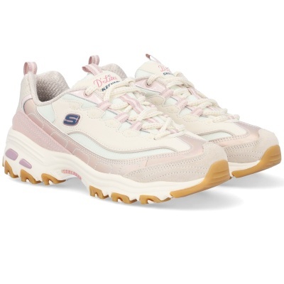 Sapatilhas Skechers DLites brancas e rosa com sola castanha