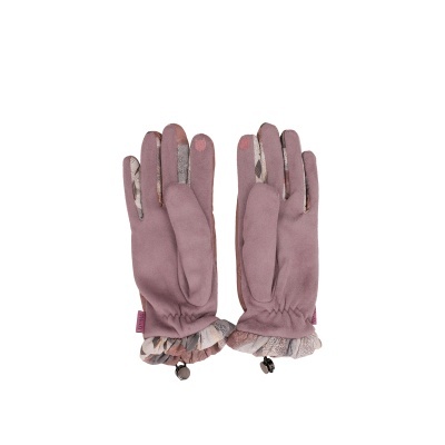 Par de luvas cor de rosa com padrão floral e punho elástico com folho