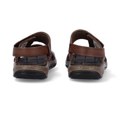 Sandálias castanhas de pele com sola preta e bege vistas de trás.