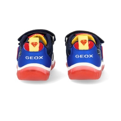 Sapatos infantis GEOX azuis com detalhes vermelhos e amarelos e sola vermelha translúcida