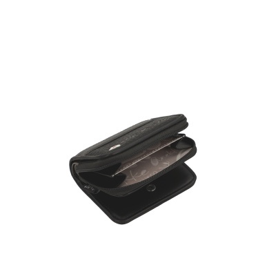 Carteira preta com compartimento interior aberto e fecho de correr