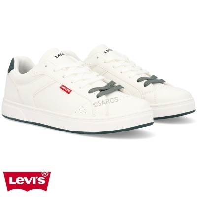 Ténis brancos Levi's com detalhes em cinza e vermelho, com selo vermelho na lateral