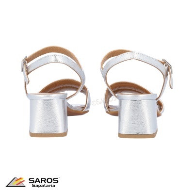 Sandálias femininas prateadas com salto quadrado médio e tiras ajustáveis