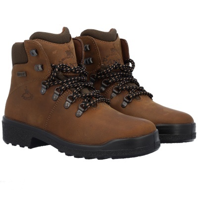 Botas castanho em pele com sola preta e atacadores pretos e cor de rosa