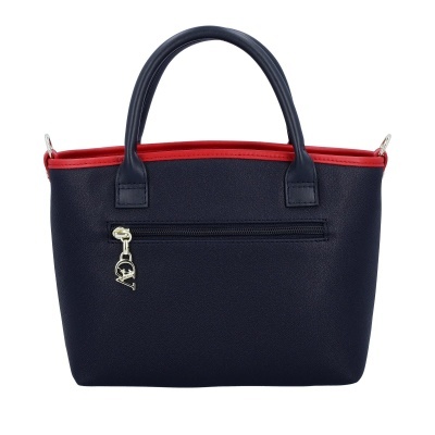 Mala de mão azul escuro com acabamento vermelho e fecho de correr frontal