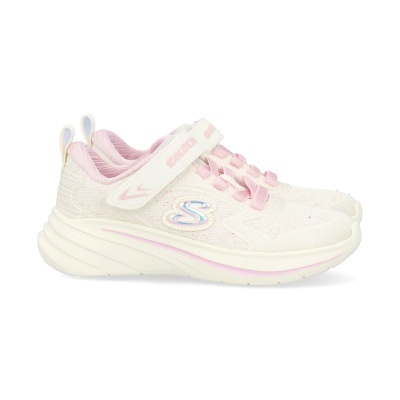 Sapatilhas infantis brancas e rosas Skechers com fecho de velcro e sola branca e rosa