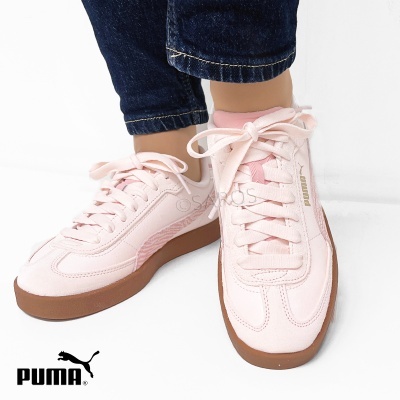 Ténis infantis Puma rosa claro com sola castanha e detalhes dourados