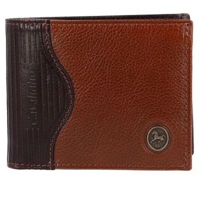 Carteira masculina em pele marrom e castanha com detalhe metálico e textura granulada.
