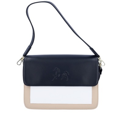 Mala de ombro tricolor azul escuro, branco e bege com cavalo em relevo