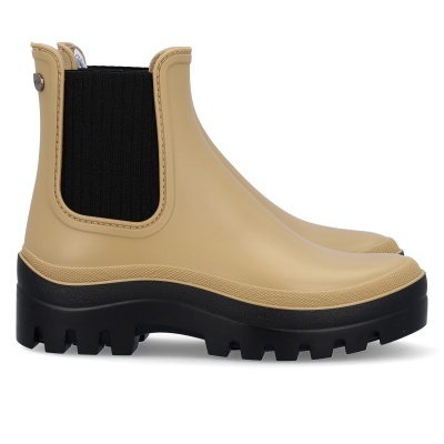Botas Chelsea bege com lateral elástica preta e sola preta