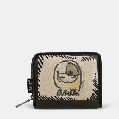 Carteira bege e preta com ilustração e texto