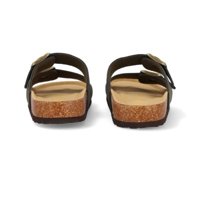 Sandálias abertas com cunha em cortiça, tiras pretas e fivelas douradas