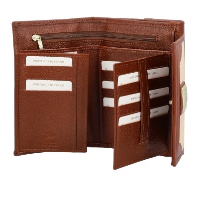 Carteira castanha em pele com múltiplos compartimentos para cartões