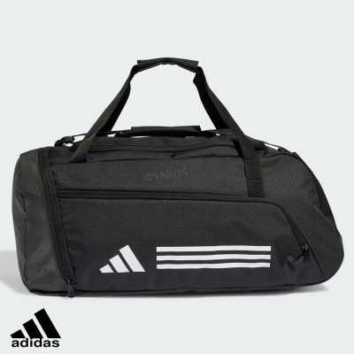 Mala desportiva preta da adidas com logótipo branco e três riscas brancas.