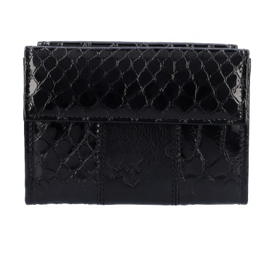 Carteira preta pequena brilhante com padrão de pele de cobra