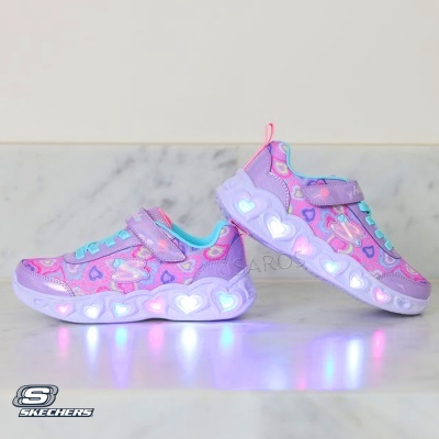 Sapatilhas infantis lilás Skechers com luzes na sola em forma de coração