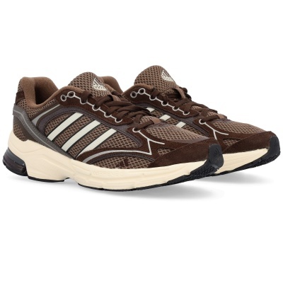 Ténis desportivos Adidas castanhos com riscas brancas e sola creme
